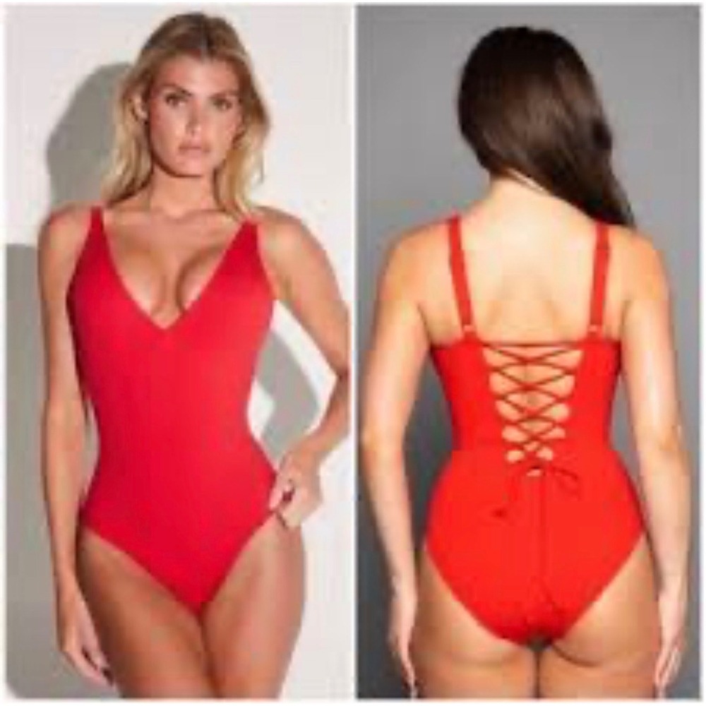TA3 Plungey One Piece Swimsuit Red Lace Up Corset Back TA304 S Womens XL Short